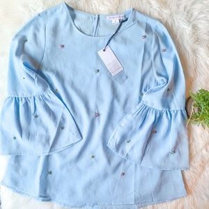 LOVE RICHE Blue Top Rhinestone Bell Sleeve Shirt